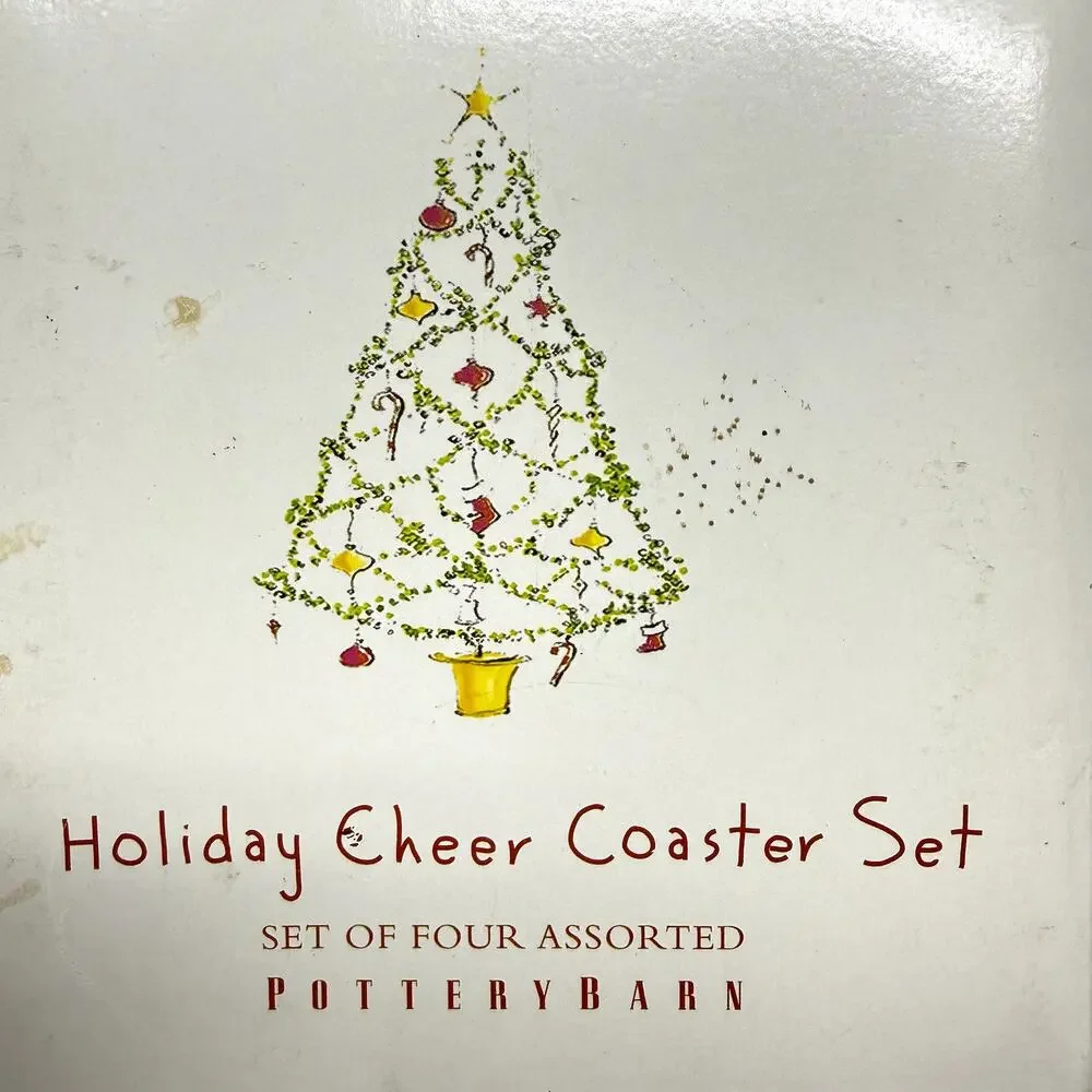 Pottery Barn Holiday Cheer Christmas Coaster Set of 4 Ceramic Cork w/ Box